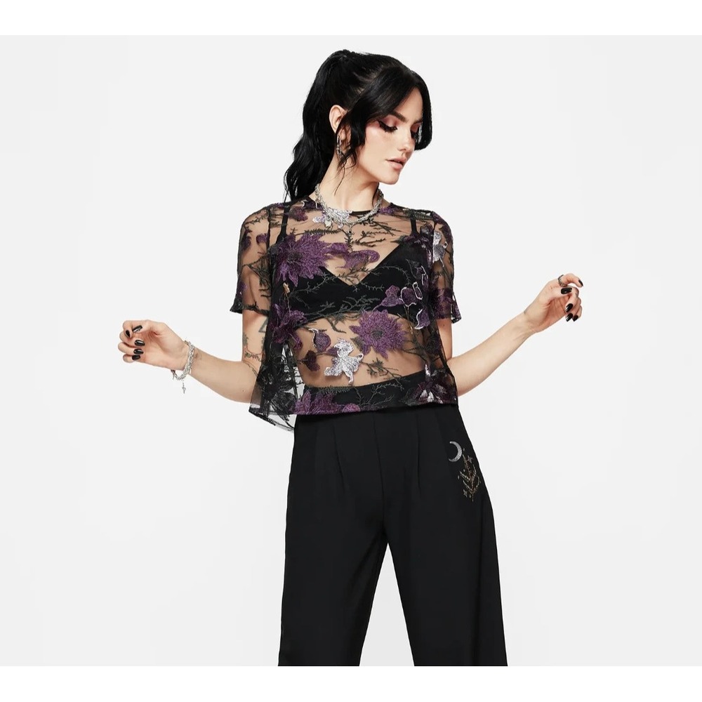 NWT Disturbia Estrid Embroidered Mesh Tie Back Blouse Top - Sz 10 - Picture 3 of 11